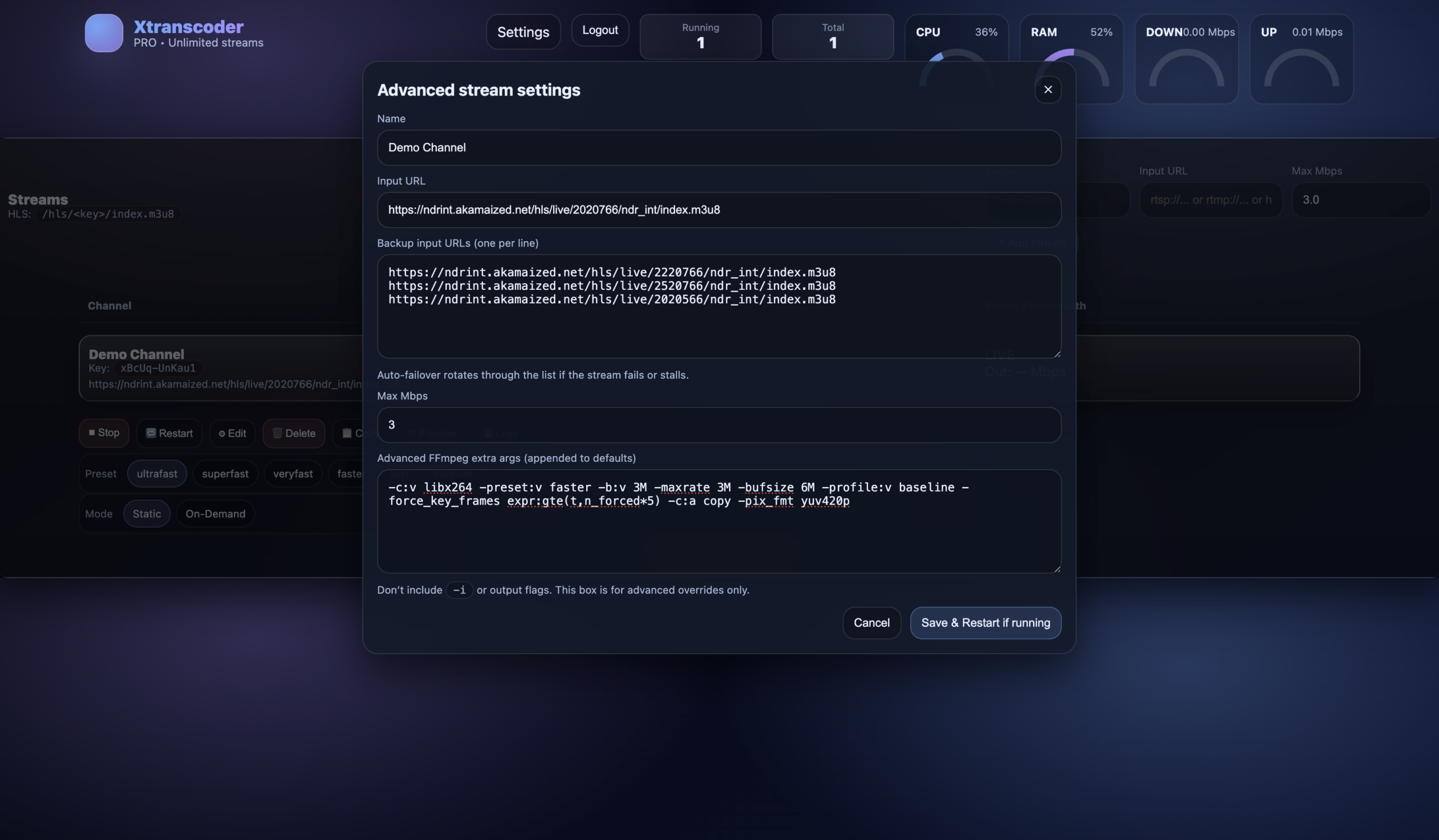 Xtranscoder Advanced Settings - Custom FFmpeg extra arguments