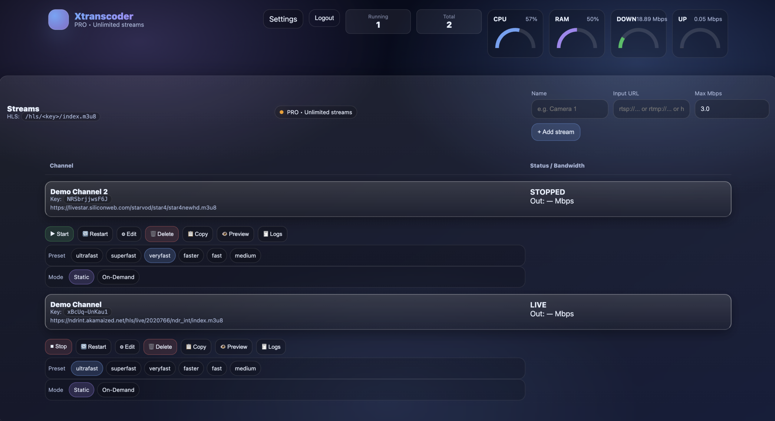 Xtranscoder live streaming dashboard
