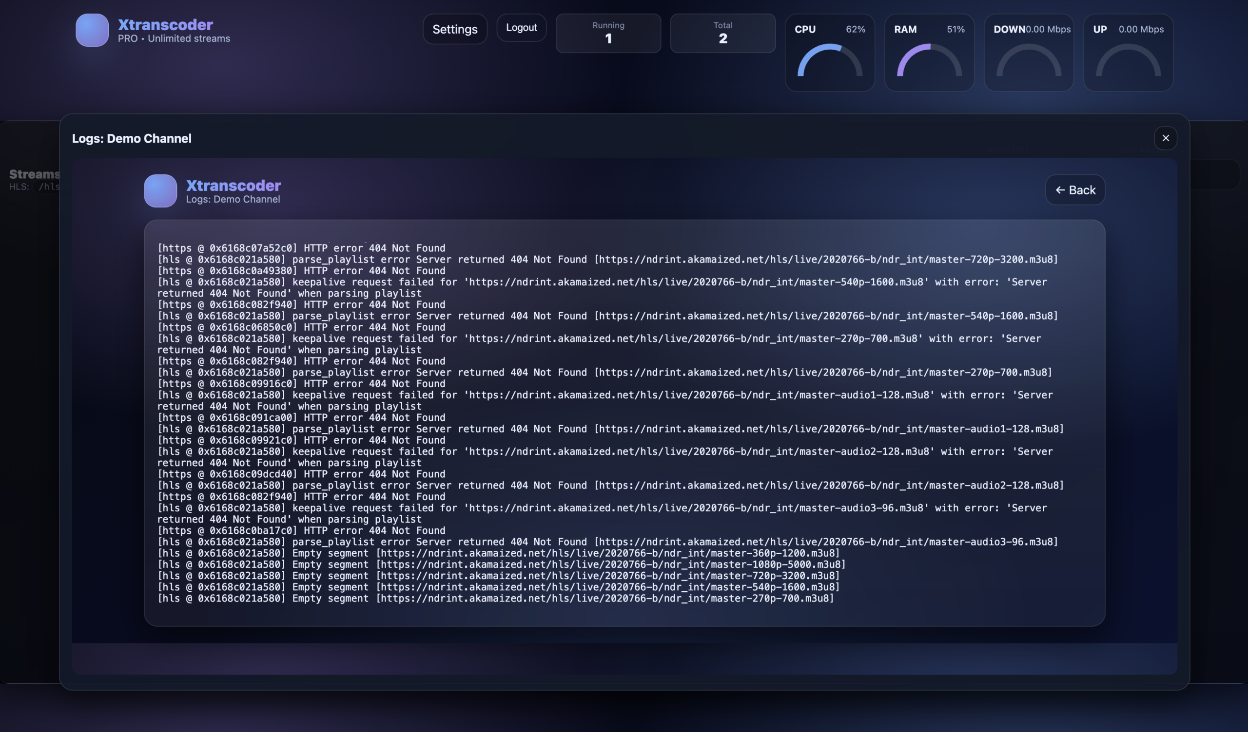 Xtranscoder stream logs